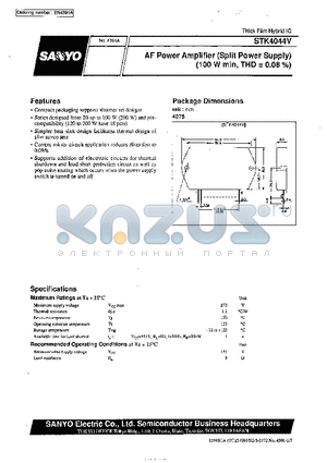 STK4044 datasheet - AF Power Amplifier (Split Power Supply) (100 W min, THD = 0.08%)