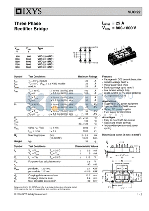 VUO22-18NO1 datasheet - Three Phase Rectifier Bridge