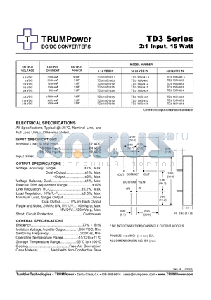 TD3-15D4812 datasheet - DC/DC CONVERTERS 2:1 Input, 15 Watt