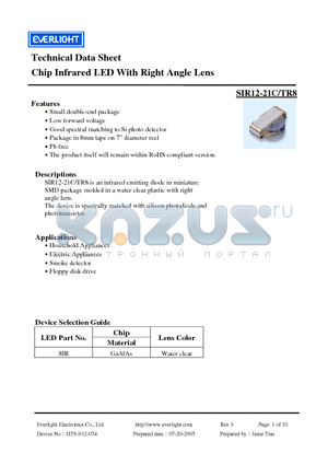 SIR12-21C/TR8 datasheet - Chip Infrared LED With Right Angle Lens