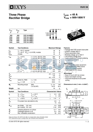 VUO34-12NO1 datasheet - Three Phase Rectifier Bridge