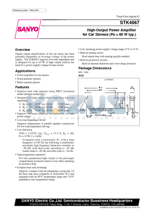 STK4067 datasheet - High-Output Power Amplifier for Car Stereos (Po = 60 W typ.)