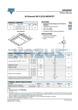 SIR402DP-T1-GE3 datasheet - N-Channel 30-V (D-S) MOSFET