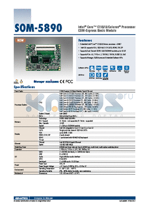 SOM-5890 datasheet - Intel^ Core i7/i5/i3/Celeron^ Processor COM-Express Basic Module