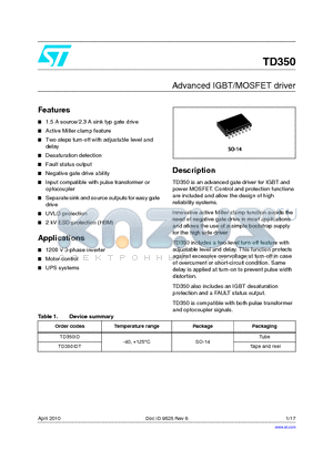 TD350_10 datasheet - Advanced IGBT/MOSFET driver