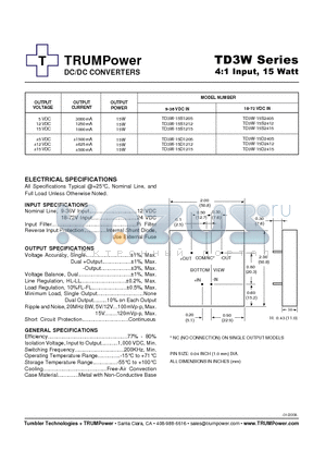 TD3W-15D1215 datasheet - DC/DC CONVERTERS 4:1 Input, 15 Watt