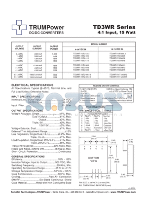 TD3WR-15D4812 datasheet - DC/DC CONVERTERS 4:1 Input, 15 Watt