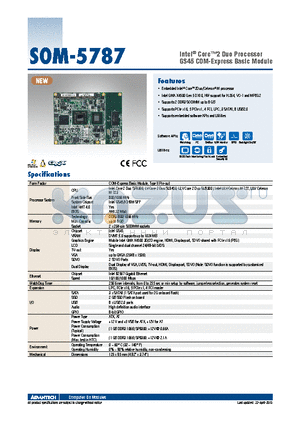 SOM-5787FG-U3A1E datasheet - Intel^ Core2 Duo Processor GS45 COM-Express Basic Module