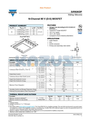 SIR826DP-T1-GE3 datasheet - N-Channel 80 V (D-S) MOSFET