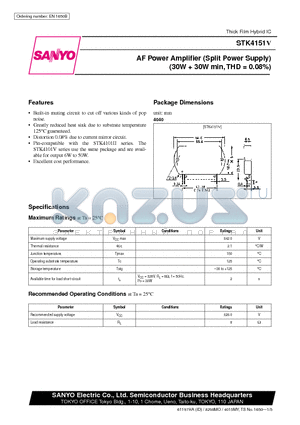 STK4151V datasheet - AF Power Amplifier (Split Power Supply) (30W  30W min, THD = 0.08%)