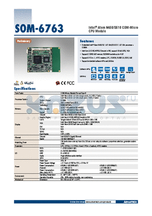 SOM-6763 datasheet - Intel^ Atom N450/D510 COM-Micro CPU Module