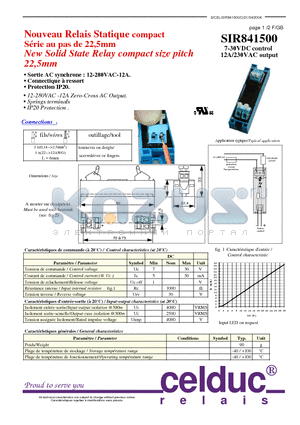 SIR841500 datasheet - New Solid State Relay compact size pitch 22,5mm