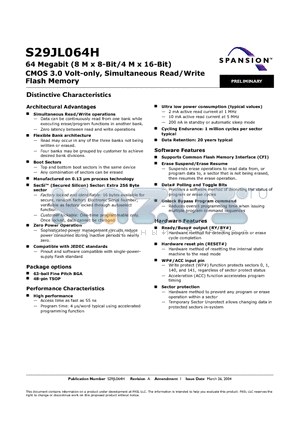 S29JL064H55TAN000 datasheet - 64 Megabit (8 M x 8-Bit/4 M x 16-Bit) CMOS 3.0 Volt-only, Simultaneous Read/Write Flash Memory