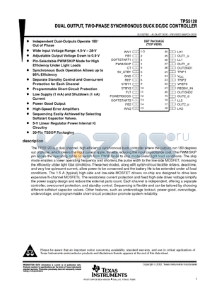 TPS5120DBT datasheet - DUAL OUTPUT, TWO PHASE SYNCHRONOUS BUCK DC/DC CONTROLLER