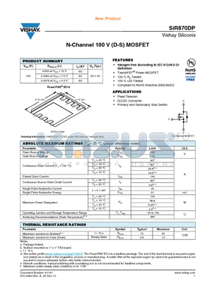 SIR870DP datasheet - N-Channel 100 V (D-S) MOSFET
