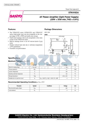 STK4162 datasheet - AF Power Amplifier (Split Power Supply) (35W  35W min, THD = 0.4%)
