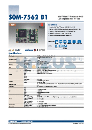 SOM-7562SZ2-S6B1E datasheet - Intel^ Atom Processor N455 COM-Express Mini Module