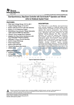 TPS51125RGER datasheet - Dual-Synchronous, Step-Down Controller with Out-of-Audio Operation and 100-mA LDOs for Notebook System Power