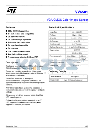 VV6501 datasheet - VGA CMOS Color Image Sensor