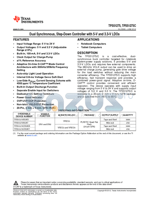 TPS51275CRUKR datasheet - Dual Synchronous, Step-Down Controller with 5-V and 3.3-V LDOs