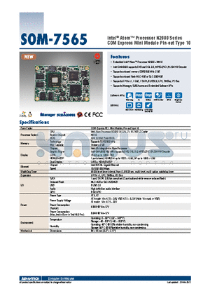 SOM-7565S2-S6A1E datasheet - Intel^ Atom Processor N2000 Series COM Express Mini Module Pin-out Type 10