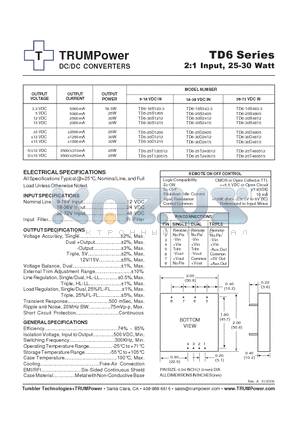 TD6-16S483.3 datasheet - DC/DC CONVERTERS 2:1 Input, 25-30 Watt