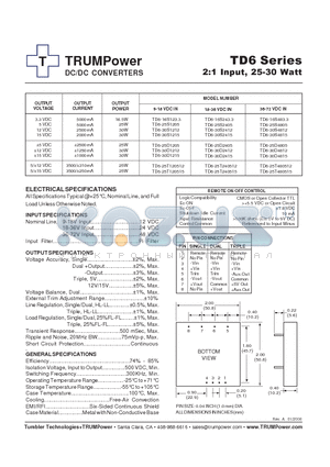 TD6-25T480515 datasheet - DC/DC CONVERTERS 2:1 Input, 25-30 Watt