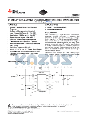TPS51312 datasheet - 3.1-V to 5.5-V Input, 3-A Output, Synchronous, Step-Down Regulator with Integrated FETs