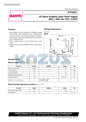 STK4201V datasheet - AF Power Amplifier (Split Power Supply) (60W  60W min, THD = 0.08%)