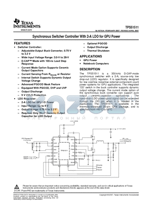 TPS51511RHLR datasheet - Synchronous Switcher Controller With 2-A LDO for GPU Power