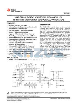 TPS51513 datasheet - SINGLE PHASE D-CAP SYNCHRONOUS BUCK CONTROLLER WITH INTEGRATED DRIVERS FOR GENERAL IC VCORE APPLICATIONS