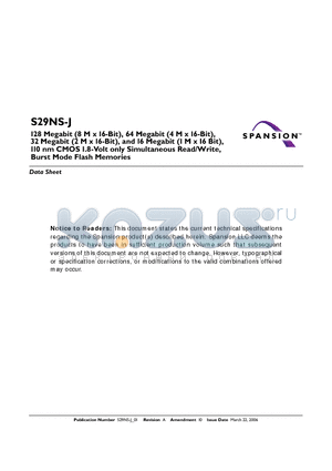 S29NS016J0PBFW003 datasheet - 110 nm CMOS 1.8-Volt only Simultaneous Read/Write, Burst Mode Flash Memories