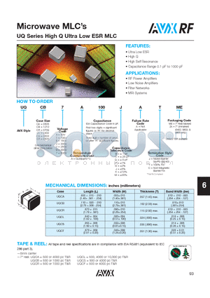 UQCF2A100CAJME datasheet - Microwave MLC`s UQ Series High Q Ultra Low ESR MLC