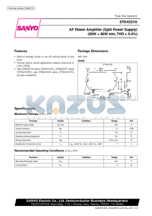 STK4221II datasheet - AF Power Amplifier (Split Power Supply) (80W  80W min, THD = 0.4%)