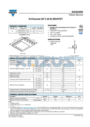 SIS454DN-T1-GE3 datasheet - N-Channel 20 V (D-S) MOSFET