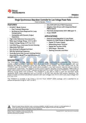 TPS53014 datasheet - Single Synchronous Step-down Controller for Low Voltage Power Rails