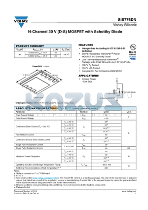SIS776DN-T1-GE3 datasheet - N-Channel 30 V (D-S) MOSFET with Schottky Diode