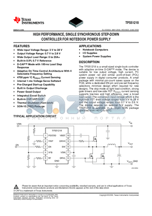 TPS51218DSCR datasheet - HIGH PERFORMANCE, SINGLE SYNCHRONOUS STEP-DOWN CONTROLLER FOR NOTEBOOK POWER SUPPLY