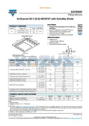 SIS780DN datasheet - N-Channel 30 V (D-S) MOSFET with Schottky Diode