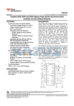 TPS51916RUKR datasheet - Complete DDR2, DDR3 and DDR3L Memory Power Solution Synchronous Buck Controller, 2-A LDO, Buffered Reference