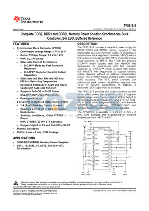 TPS51916RUKR datasheet - Complete DDR2, DDR3 and DDR3L Memory Power Solution Synchronous Buck