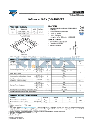 SIS892DN-T1-GE3 datasheet - N-Channel 100 V (D-S) MOSFET