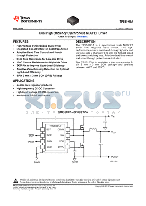 TPS51601ADRBT datasheet - Dual High Efficiency Synchronous MOSFET Driver