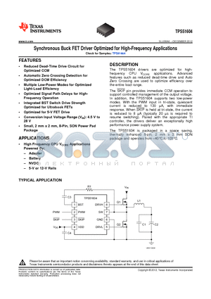 TPS51604DSGR datasheet - Synchronous Buck FET Driver Optimized for High-Frequency Applications