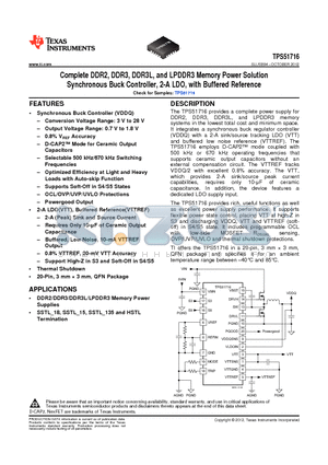TPS51716RUKT datasheet - Complete DDR2, DDR3, DDR3L, and LPDDR3 Memory Power Solution Synchronous Buck Controller, 2-A LDO, with Buffered Reference
