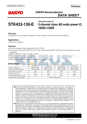 STK433-130-E datasheet - Thick-Film Hybrid IC 2-channel class AB audio power IC, 150W150W
