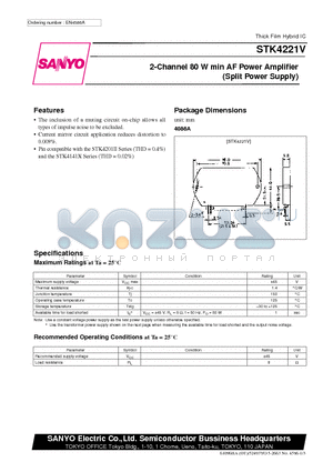 STK4221V datasheet - 2-Channel 80 W min AF Power Amplifier (Split Power Supply)