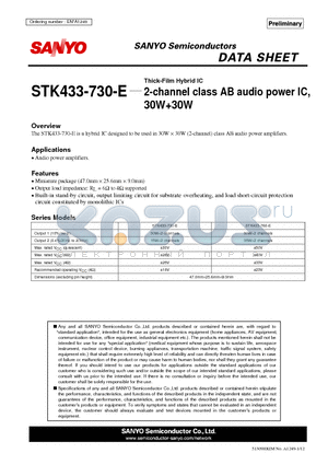 STK433-730-E datasheet - 2-channel class AB audio power IC, 30W30W