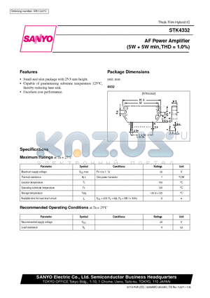 STK4332 datasheet - AF Power Amplifier (5W  5W min, THD = 1.0%)