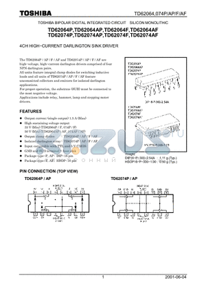 TD62074AP datasheet - 4CH HIHG-CURRENT DARLINGTON SINK DRIVER